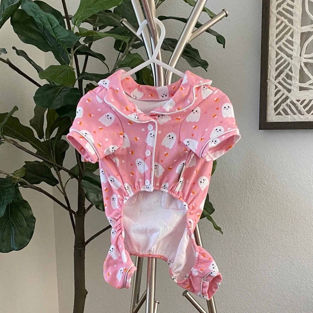 House of Barker | Pink Halloween Ghost, Candy Corn & Stars Dog Pajamas – Medium